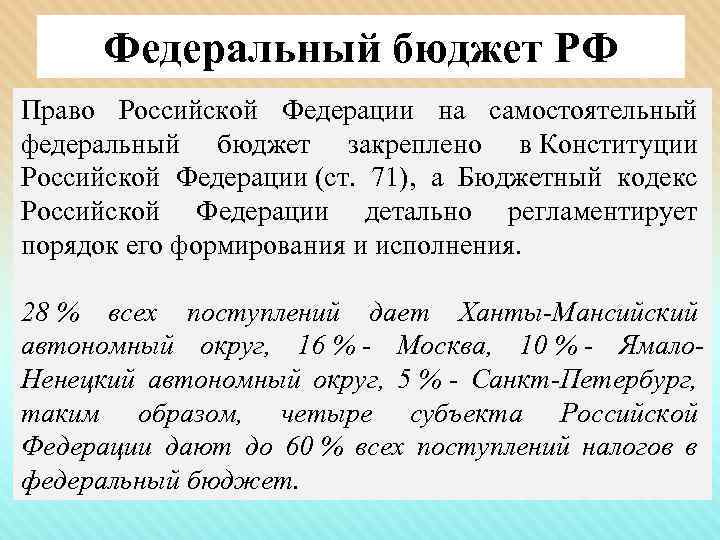 Федеральный бюджет РФ Право Российской Федерации на самостоятельный федеральный бюджет закреплено в Конституции Российской