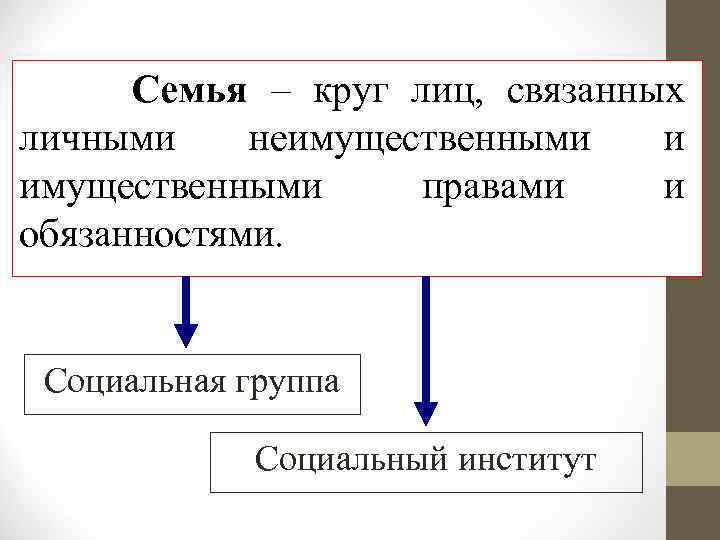 Семья – круг лиц, связанных личными неимущественными и имущественными правами и обязанностями. Социальная группа