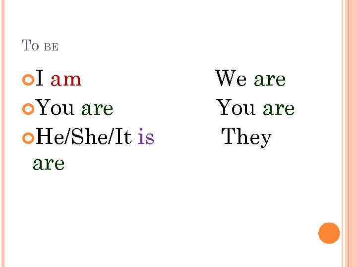 TO BE I am You are He/She/It is are We are You are They