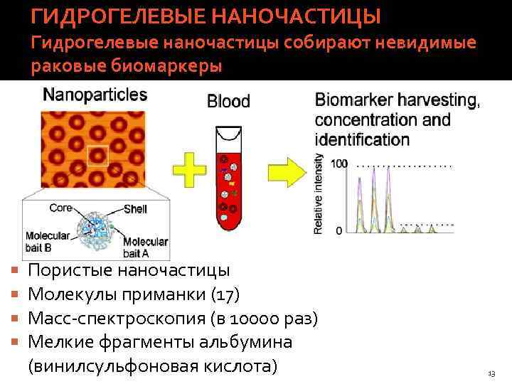 ГИДРОГЕЛЕВЫЕ НАНОЧАСТИЦЫ Гидрогелевые наночастицы собирают невидимые раковые биомаркеры Пористые наночастицы Молекулы приманки (17) Масс-спектроскопия