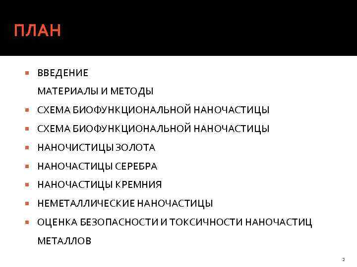 ПЛАН ВВЕДЕНИЕ МАТЕРИАЛЫ И МЕТОДЫ СХЕМА БИОФУНКЦИОНАЛЬНОЙ НАНОЧАСТИЦЫ НАНОЧИСТИЦЫ ЗОЛОТА НАНОЧАСТИЦЫ СЕРЕБРА НАНОЧАСТИЦЫ КРЕМНИЯ