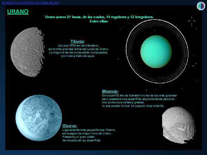 MUNDOS DE NUESTRO SISTEMA SOLAR URANO Urano posee 27 lunas, de las cuales, 15