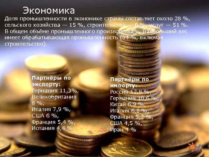 Экономика Доля промышленности в экономике страны составляет около 28 %, сельского хозяйства — 15