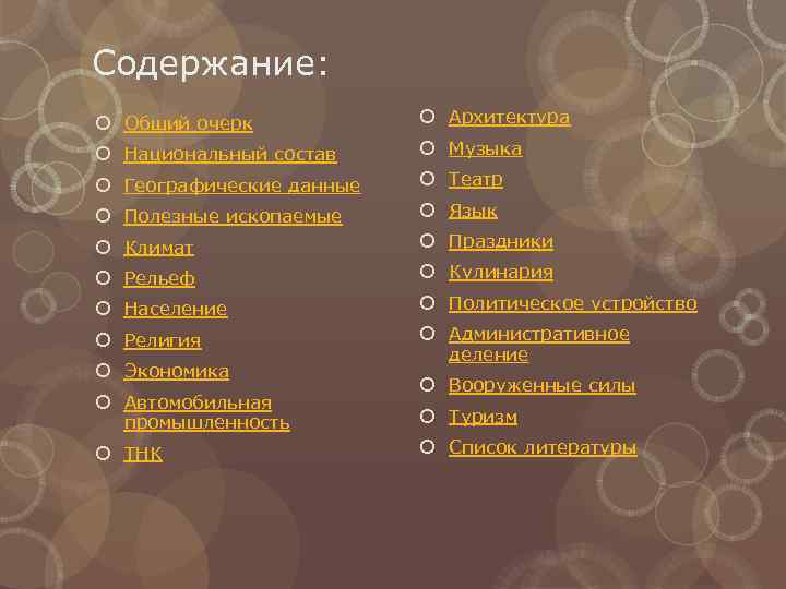 Содержание: Общий очерк Архитектура Национальный состав Музыка Географические данные Театр Полезные ископаемые Язык Климат