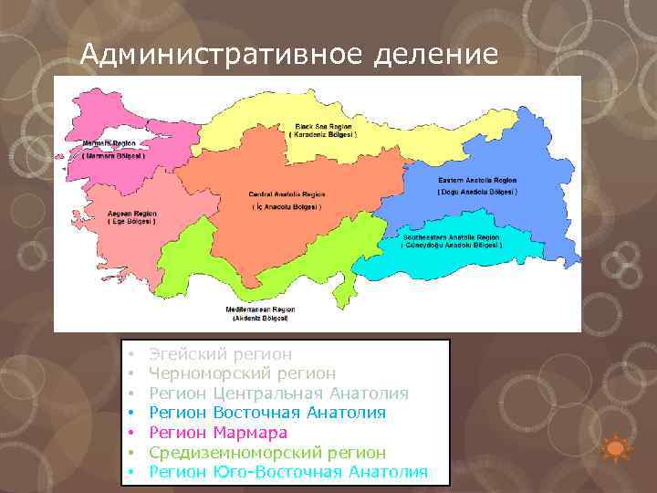 Административное деление • • Эгейский регион Черноморский регион Регион Центральная Анатолия Регион Восточная Анатолия