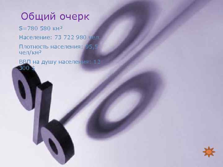 Общий очерк S=780 580 км² Население: 73 722 980 чел. Плотность населения: 95, 5