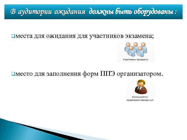 В аудитории ожидания должны быть оборудованы : qместа для ожидания для участников экзамена; qместо