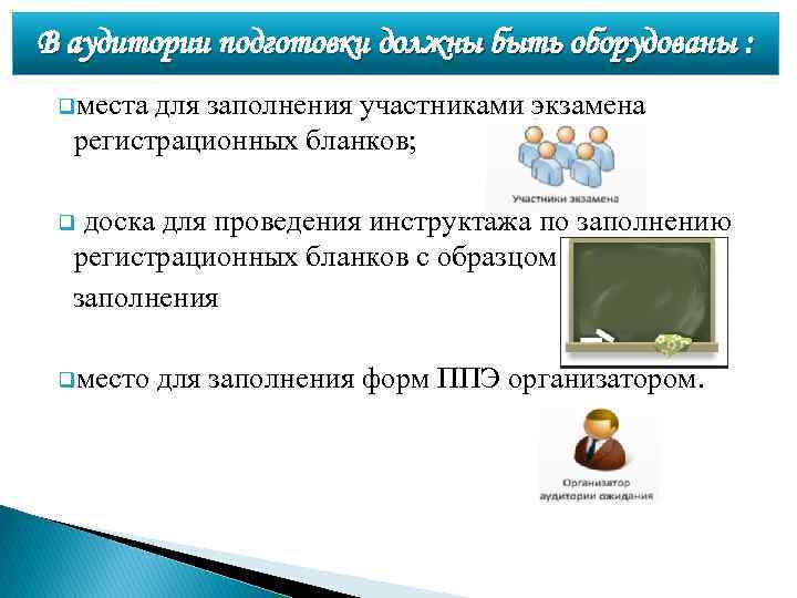 В аудитории подготовки должны быть оборудованы : qместа для заполнения участниками экзамена регистрационных бланков;