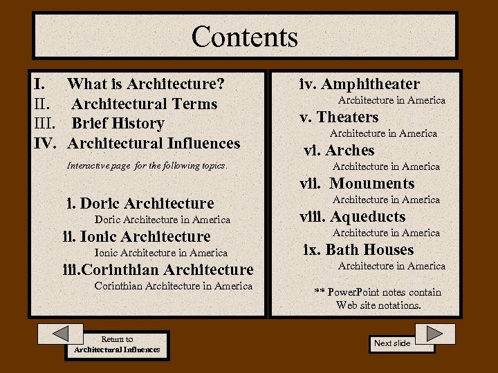 Contents I. III. IV. What is Architecture? Architectural Terms Brief History Architectural Influences Interactive