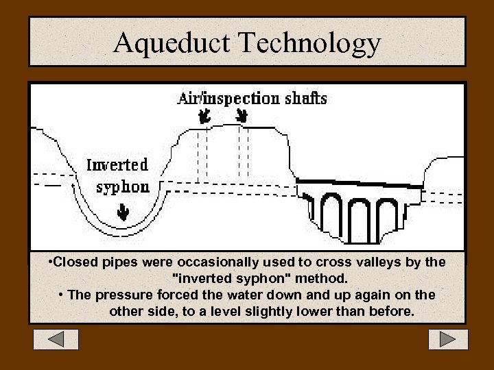 Aqueduct Technology • Closed pipes were occasionally used to cross valleys by the 