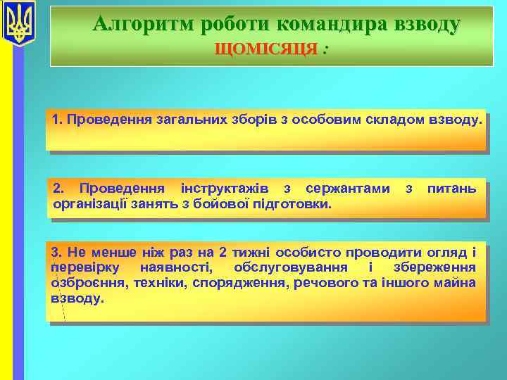 Алгоритм роботи командира взводу ЩОМІСЯЦЯ : 1. Проведення загальних зборів з особовим складом взводу.