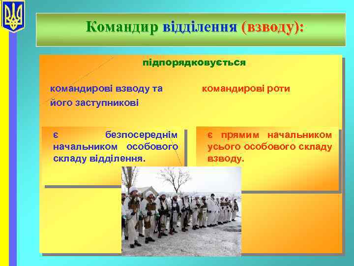 Командир відділення (взводу): підпорядковується командирові взводу та його заступникові є безпосереднім начальником особового складу