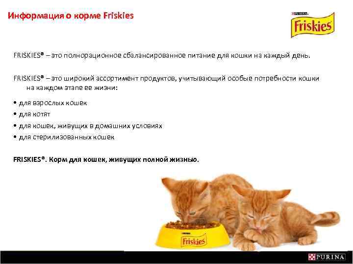 Информация о корме Friskies FRISKIES® – это полнорационное сбалансированное питание для кошки на каждый