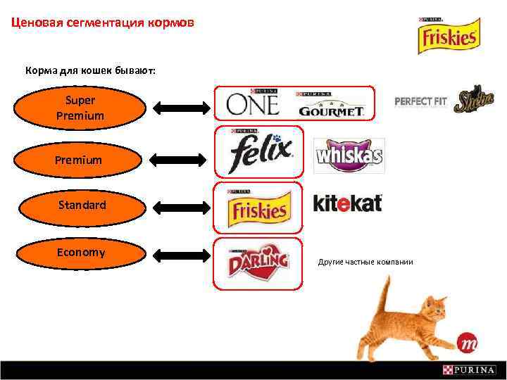 Ценовая сегментация кормов Корма для кошек бывают: Super Premium Standard Economy Другие частные компании