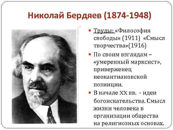 Николай Бердяев (1874 -1948) Труды: «Философия свободы» (1911) «Смысл творчества» (1916) По своим взглядам