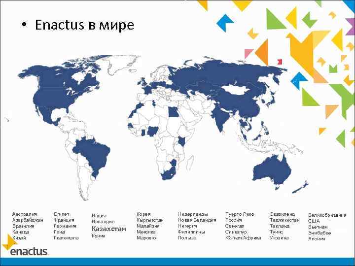  • Enactus в мире Австралия Азербайджан Бразилия Канада Китай Египет Франция Германия Гана