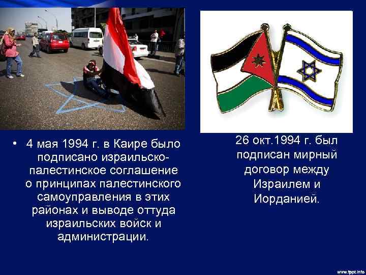  • 4 мая 1994 г. в Каире было подписано израильскопалестинское соглашение о принципах