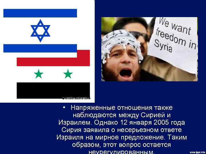  • Напряженные отношения также наблюдаются между Сирией и Израилем. Однако 12 января 2005
