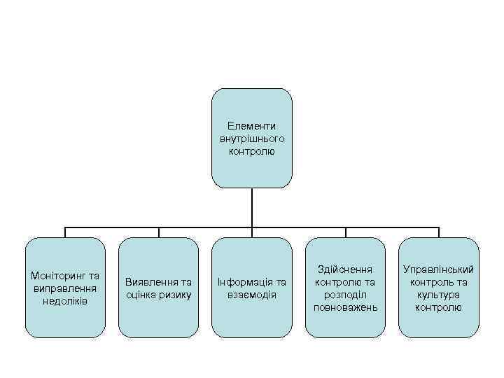Елементи внутрішнього контролю Моніторинг та виправлення недоліків Виявлення та оцінка ризику Інформація та взаємодія