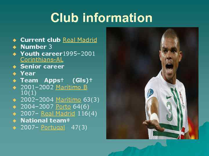 Club information u u u Current club Real Madrid Number 3 Youth career 1995–