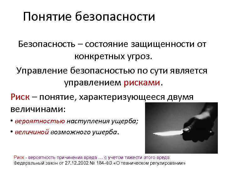 Понятие безопасности Безопасность – состояние защищенности от конкретных угроз. Управление безопасностью по сути является