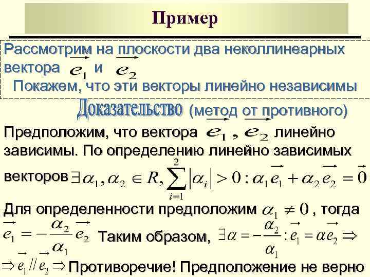 Пример Рассмотрим на плоскости два неколлинеарных вектора и Покажем, что эти векторы линейно независимы