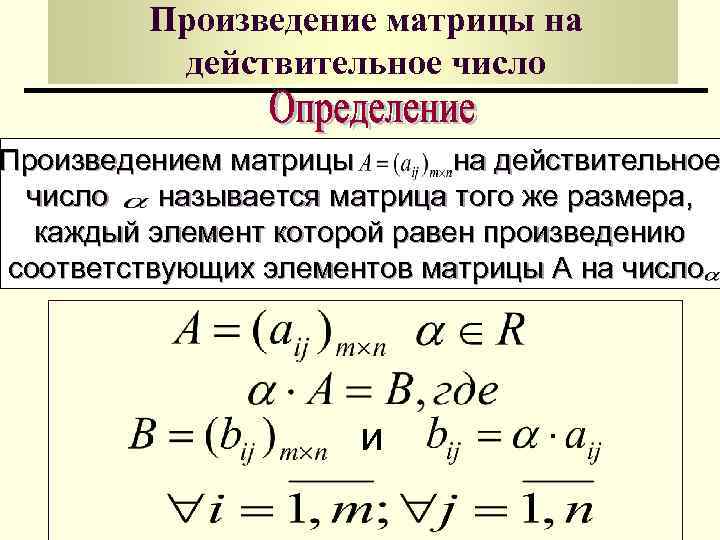 Произведение матрицы на действительное число Произведением матрицы на действительное число называется матрица того же