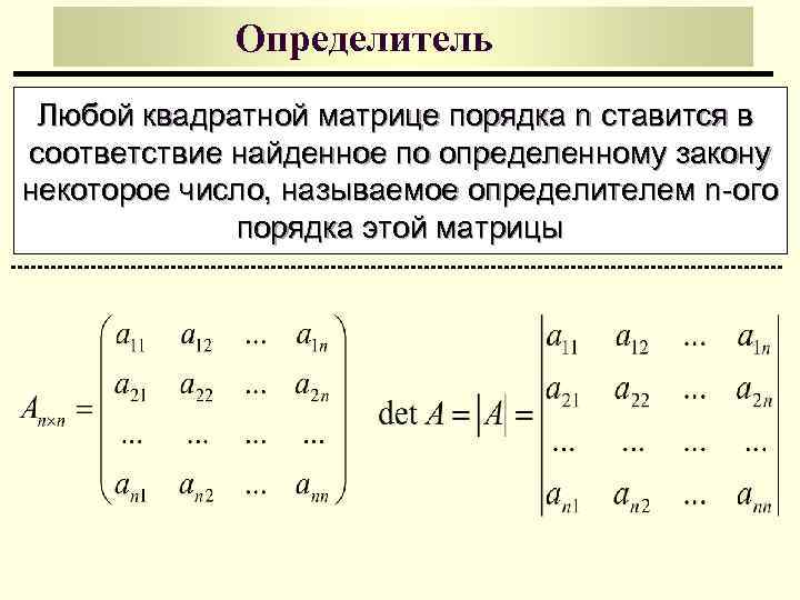 Определитель Любой квадратной матрице порядка n ставится в соответствие найденное по определенному закону некоторое