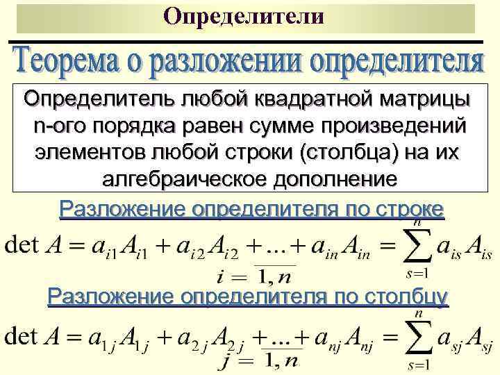 Определители Определитель любой квадратной матрицы n-ого порядка равен сумме произведений элементов любой строки (столбца)