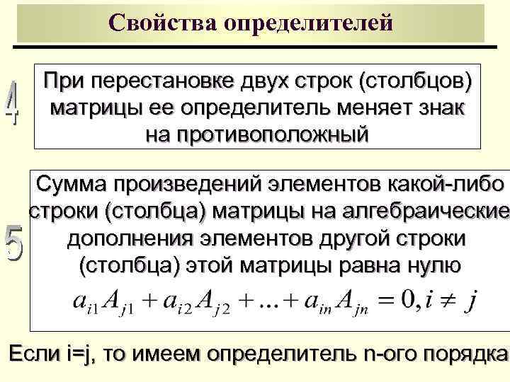 Свойства определителей При перестановке двух строк (столбцов) матрицы ее определитель меняет знак на противоположный