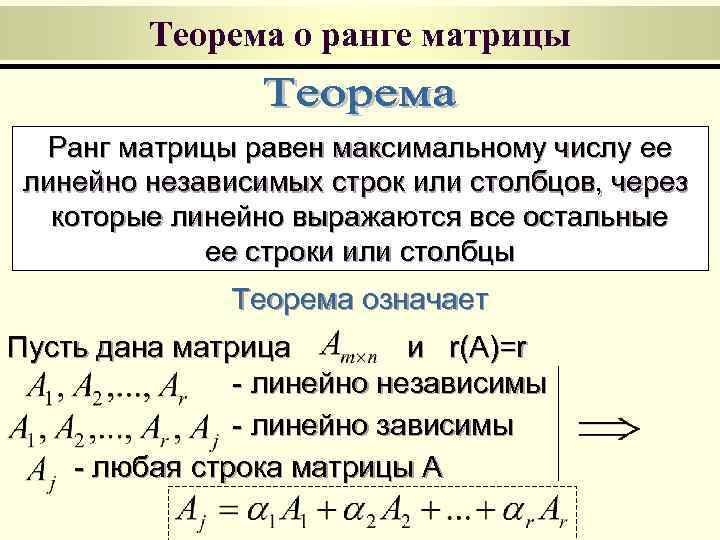 Теорема о ранге матрицы Ранг матрицы равен максимальному числу ее линейно независимых строк или