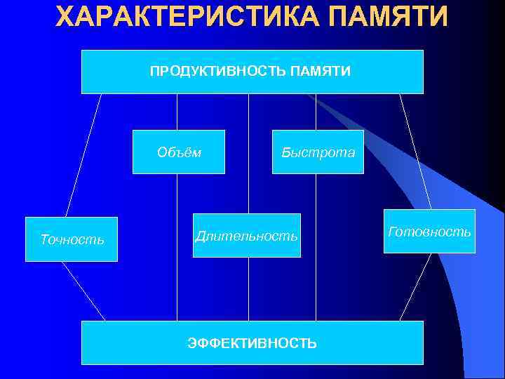 ХАРАКТЕРИСТИКА ПАМЯТИ ПРОДУКТИВНОСТЬ ПАМЯТИ Объём Точность Быстрота Длительность ЭФФЕКТИВНОСТЬ Готовность 