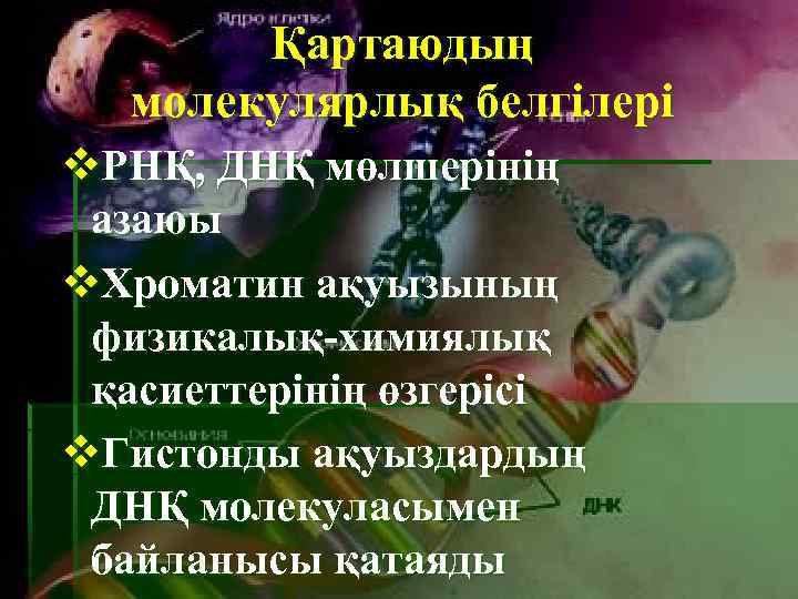 Қартаюдың молекулярлық белгілері v. РНҚ, ДНҚ мөлшерінің азаюы v. Хроматин ақуызының физикалық-химиялық қасиеттерінің өзгерісі