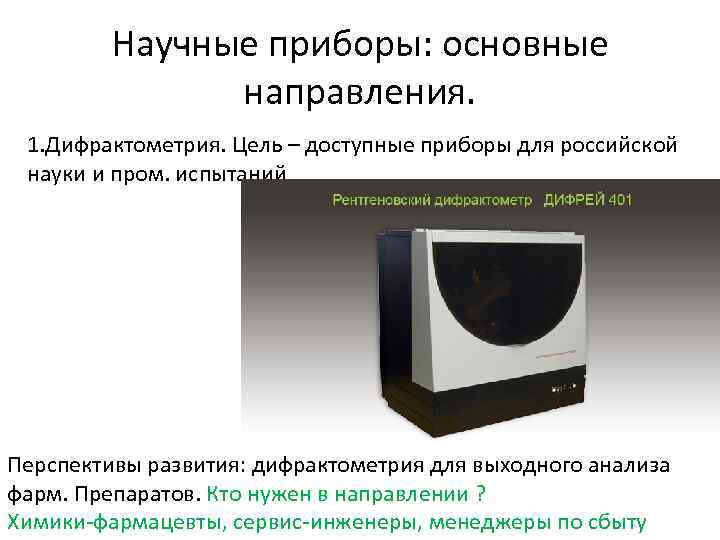 Научные приборы: основные направления. 1. Дифрактометрия. Цель – доступные приборы для российской науки и