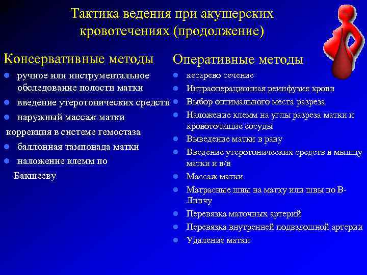 Тактика ведения при акушерских кровотечениях (продолжение) Консервативные методы Оперативные методы ручное или инструментальное обследование
