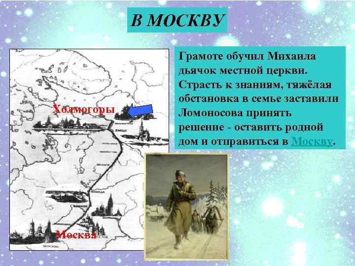 В МОСКВУ Холмогоры Москва Грамоте обучил Михаила дьячок местной церкви. Страсть к знаниям, тяжёлая