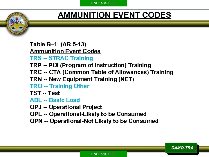 UNCLASSIFIED AMMUNITION EVENT CODES Table B– 1 (AR 5 -13) Ammunition Event Codes TRS
