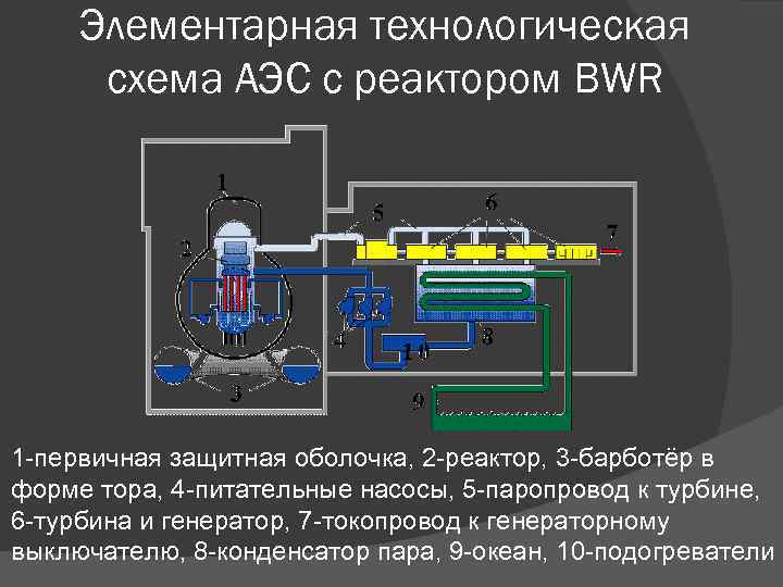 Элементарная технологическая схема АЭС с реактором BWR 1 -первичная защитная оболочка, 2 -реактор, 3