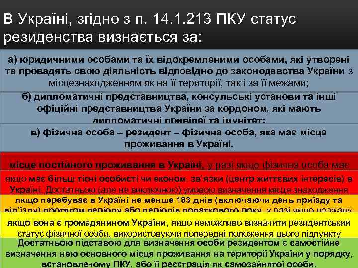 В Україні, згідно з п. 14. 1. 213 ПКУ статус резиденства визнається за: а)
