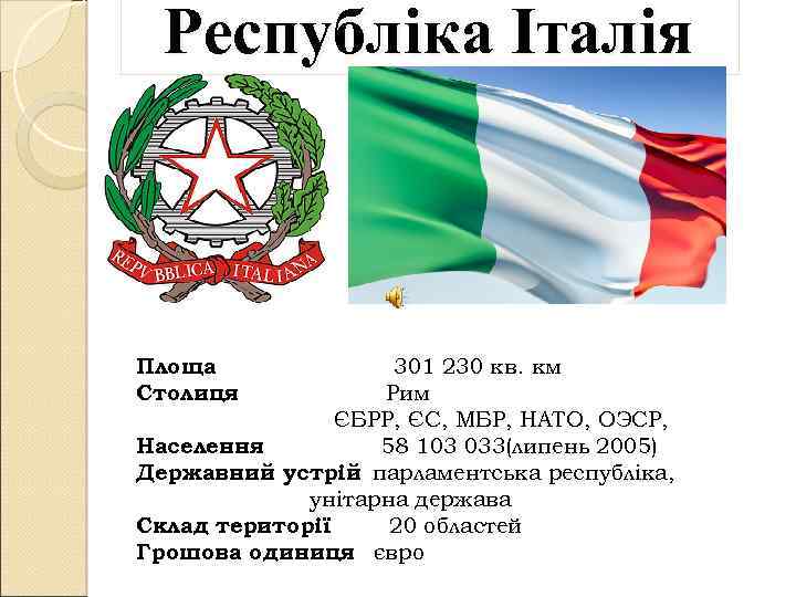 Республіка Італія Площа Столиця 301 230 кв. км Рим ЄБРР, ЄС, МБР, НАТО, ОЭСР,