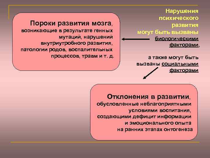 Пороки развития мозга, возникающие в результате генных мутаций, нарушений внутриутробного развития, патологии родов, воспалительных