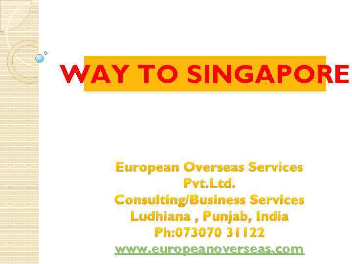 WAY TO SINGAPORE European Overseas Services Pvt. Ltd. Consulting/Business Services Ludhiana , Punjab, India