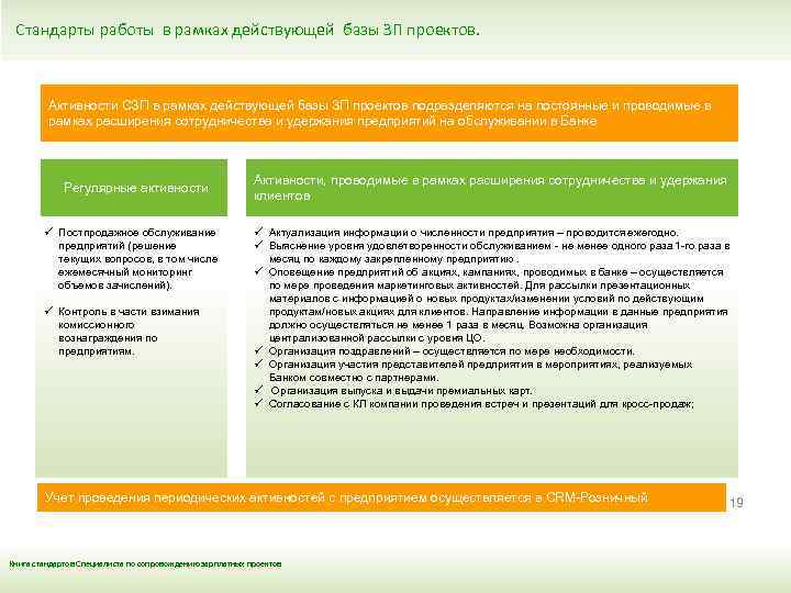 Стандарты работы в рамках действующей базы ЗП проектов. Активности СЗП в рамках действующей базы