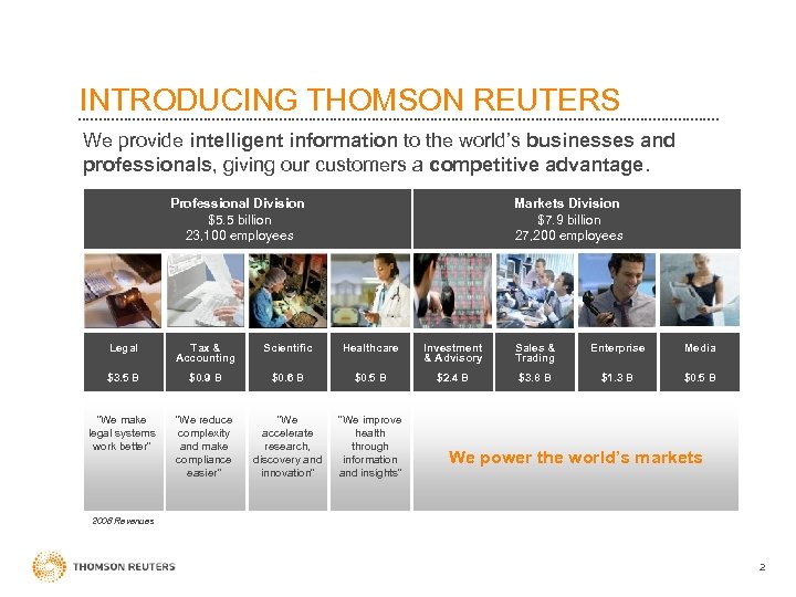 INTRODUCING THOMSON REUTERS We provide intelligent information to the world’s businesses and professionals, giving