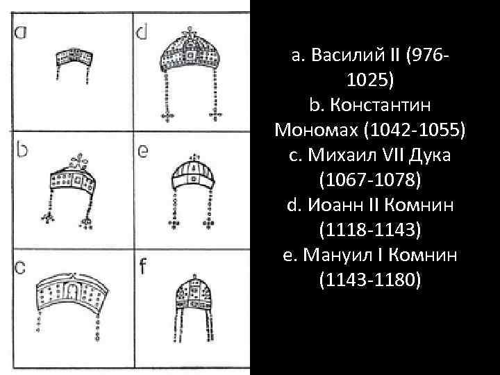 a. Василий II (9761025) b. Константин Мономах (1042 -1055) c. Михаил VII Дука (1067