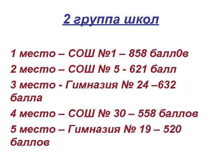 2 группа школ 1 место – СОШ № 1 – 858 балл 0 в