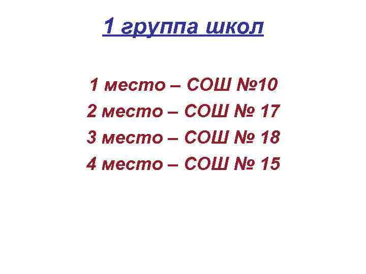 1 группа школ 1 место – СОШ № 10 2 место – СОШ №