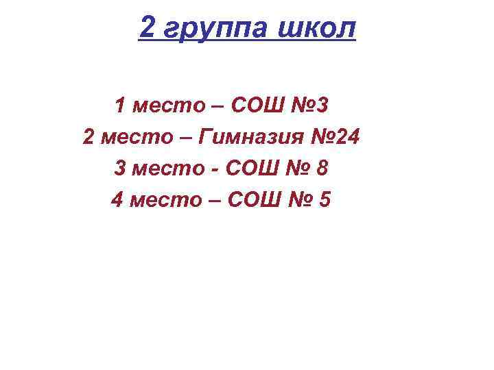 2 группа школ 1 место – СОШ № 3 2 место – Гимназия №