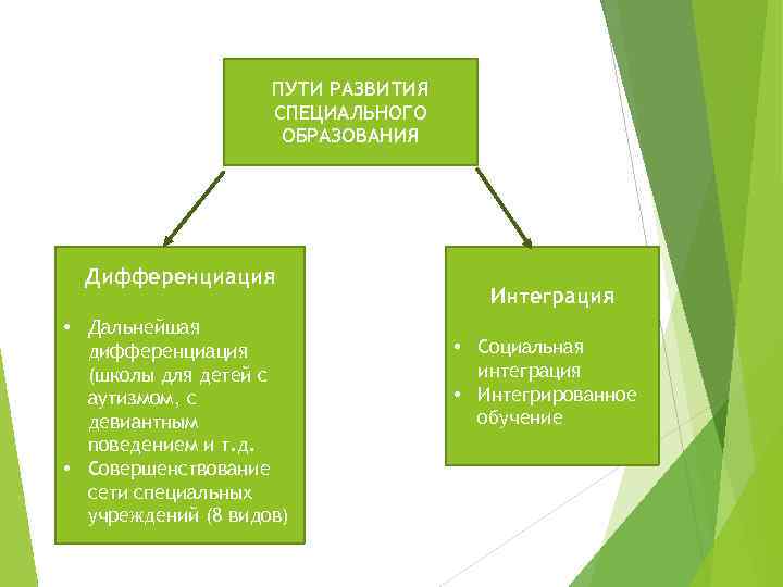 ПУТИ РАЗВИТИЯ СПЕЦИАЛЬНОГО ОБРАЗОВАНИЯ Дифференциация • Дальнейшая дифференциация (школы для детей с аутизмом, с