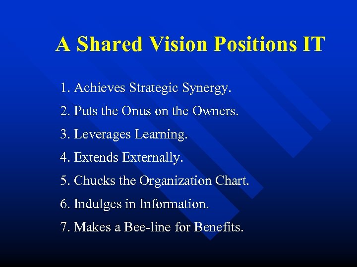 A Shared Vision Positions IT 1. Achieves Strategic Synergy. 2. Puts the Onus on